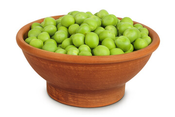 Fresh green peas in ceramic bowl isolated on white background