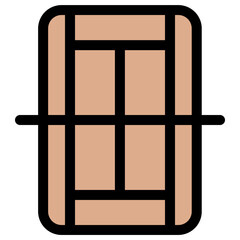 This image features a flat-style icon of a tennis court, showcasing a top-down view of the court layout with thick black lines and a neutral color fill, suitable for sports-related applications.