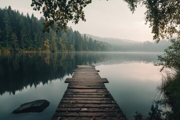 Serene Lake View with Wooden Pier.