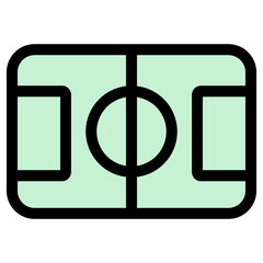 This icon depicts a schematic view of a soccer field, representing sports, competition, and recreational activities.