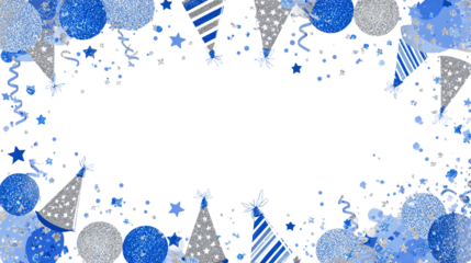 Blue and silver party frame with stars and birthday caps, designed for boy’s birthday card template, transparent background 