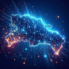A futuristic, glowing network of interconnected nodes and lines, map of dominican republic. The image captures the complexity and beauty of advanced technology.