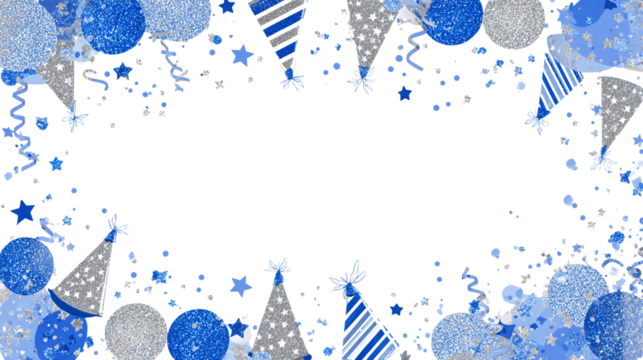 Blue and silver party frame with stars and birthday caps, designed for boy’s birthday card template, transparent background  - Powered by Adobe