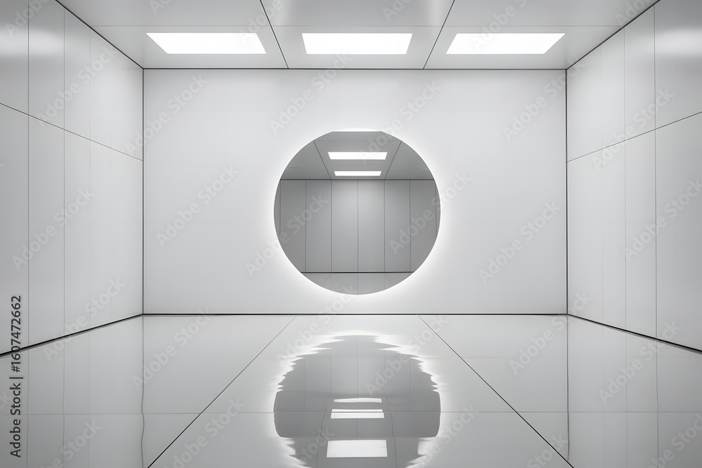 Poster minimalist white room with circular portal and reflective floor modern interior design with clean li