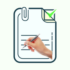 Hand Writing on Document Icon with Paperclip and Green Checkmark