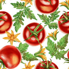 Seamless watercolor pattern with fresh red tomatoes on a white background. Watercolor tomatoes. This hand-drawn botanical pattern is perfect for fabric, packaging and kitchen decor.