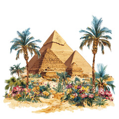 Minimalist drawing of a pyramid beside a winding river with rugged mountains in the background,  on transparent png background. Ai generated
