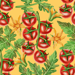 Cherry tomato with leaves and flowers. Seamless watercolor pattern with fresh red tomatoes on a white background. Watercolor tomatoes. Botanical pattern for fabric, packaging and kitchen decor