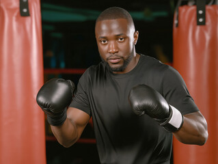 African American male boxer in black training attire, wearing boxing gloves, is posing in a gym, showcasing strength and readiness for competition in a dynamic environment