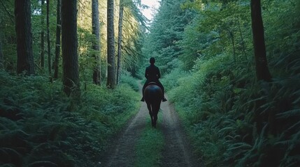 Equestrian traveler through a dense forest.