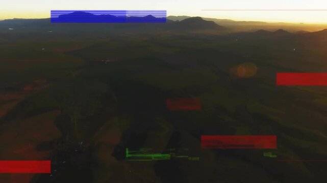 Glitch bars shifting across dark frame initiating mountain dawn reveal showcasing sunrise emergence