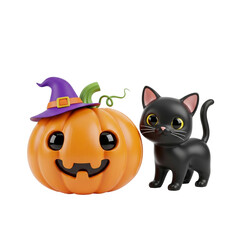 Spooky Season Cute Pumpkin With Witch Hat And Black Cat Friends
