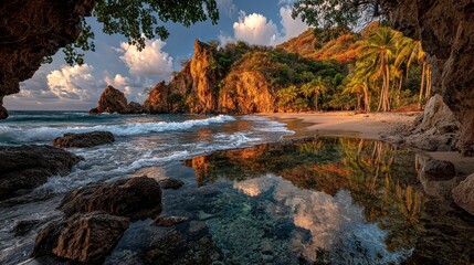 Tropical cove, calm sea, rock formations