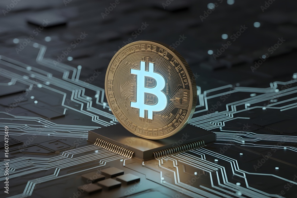 Poster bitcoin cryptocurrency on a computer chip representing digital currency decentralized finance blockc
