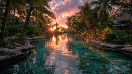 Tropical paradise pool at sunset. Lush greenery surrounds a tranquil waterway, reflecting a vibrant sunset