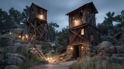 Two weathered wooden mining structures, lit by lanterns, stand amid rocky terrain under a dusky sky