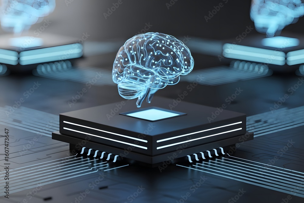 Aufkleber futuristic artificial intelligence concept with glowing brain on a processor representing neural net