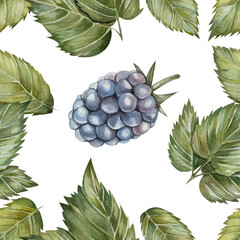 Fototapeta premium Delicate watercolor blackberry pattern with juicy berries and green leaves on white background. Hand drawn illustration with organic textures, perfect for food packaging, farmhouse decor, jam labels.