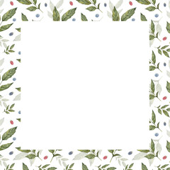 Square watercolor template coffee leaves, blueberry and raspberry branches. Hand-painted botanical design on white background. Perfect for prints, textiles, kitchen decor, and invitations