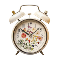 Rustic vase with a floral bouquet and a classic alarm clock attached to the front,  on transparent png background. Ai generated