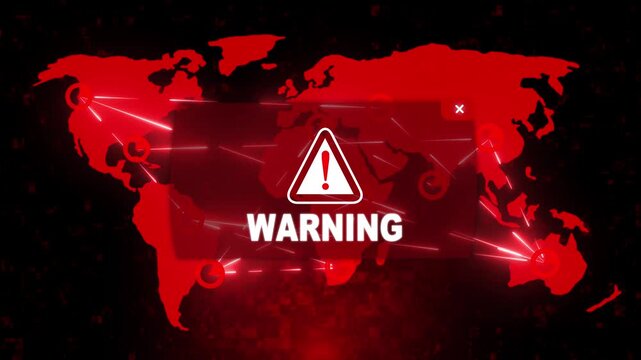 Warning Alert Warning Message Attack on Screen. Wire Frame World map Radar Network Glitch Distortion. Login, Password and Progress Bar Futuristic UI Elements HUD. Computer Hacking Concept.