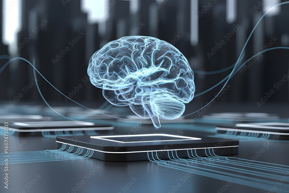 Poster futuristic brain hologram on platform with circuit board lines representing artificial intelligence 
