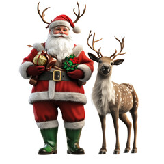 Santa Claus lifting a large sack of presents over his shoulder, on transparent png background. Ai generated