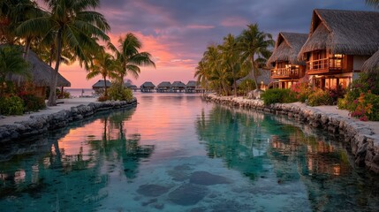 Tropical lagoon at sunset, with overwater bungalows