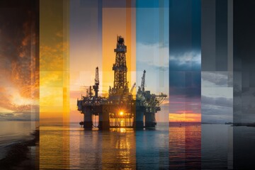 Collage of industrial factories and warehouses. Illustration of global international trade and commerce for oil industry