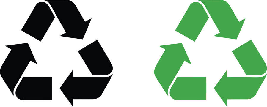Two minimalist recycling symbols are displayed side-by-side against a clean white background. Each symbol features three arrows arranged in a triangular, continuous loop, conveying the cycle of recycl