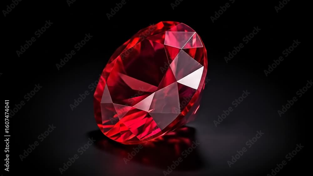Poster close up of oval cut ruby gemstone with faceted surface and intense red hue against a dark backgroun