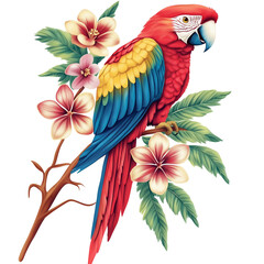 Scarlet macaw carefully searching for seeds in a straw nest, on transparent png background. Ai generated