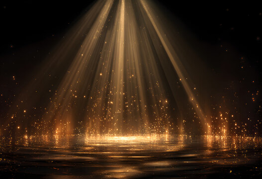 Gold lights rays scene background Golden light award stage with rays and sparks