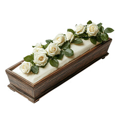 Simple wooden coffin decorated with fresh white and pink flowers,  on transparent png background. Ai generated