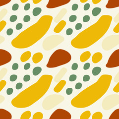 Playful Abstract Seamless Pattern With Bean Shapes And Dots In Warm Yellow Tones