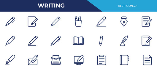 Writing Line Icons – Vector Icons of Pens, Pencils, Paper, Notebooks, Typewriters, and Creative Tools