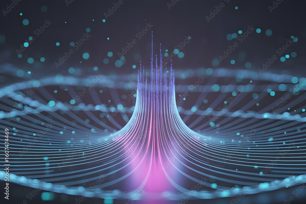 Poster abstract data flow visualization with glowing lines and particles representing network connections b