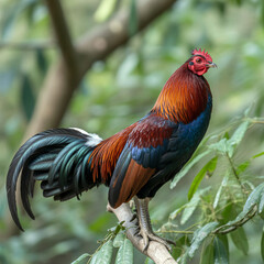 Rooster Perched on Branch Against Blurry Green Foliage | Bird Wildlife Stock Photo for Ornithology