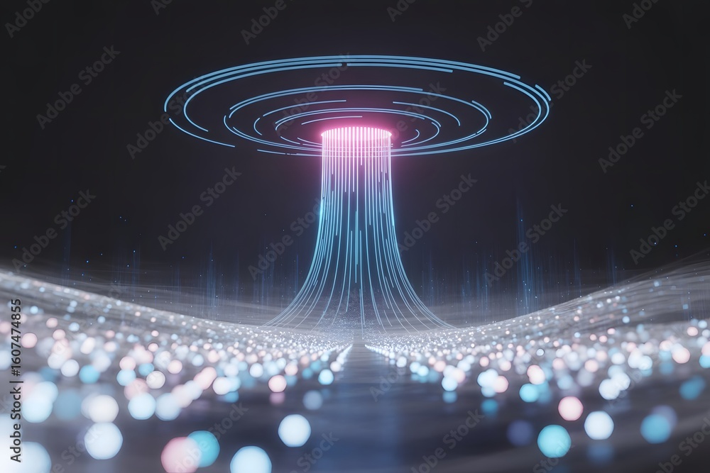 Poster abstract futuristic data stream with glowing lines and circular elements representing technology con