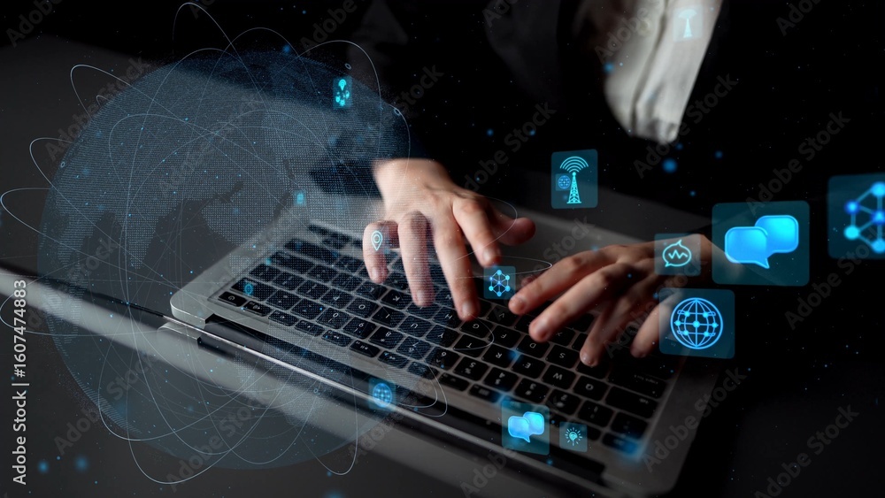 Poster a close-up view of hands typing on a laptop, surrounded by futuristic icons representing digital com