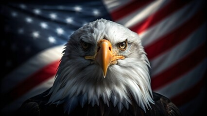 Naklejka premium Majestic bald eagle portrait with American flag for patriotic projects