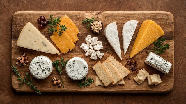 A rustic wooden board beautifully arranged with a variety of cheeses, showcasing different textures, flavors, and colors for a delicious and visually appealing gourmet presentation - Powered by Adobe