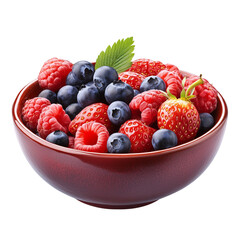 Top-down view of a vibrant fruit bowl with ripe strawberries,  on transparent png background. Ai generated