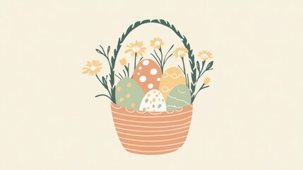 A vertical minimalist poster of a simple Easter basket filled with outlined eggs and flowers. The design features overlapping abstract shapes in soft terracotta, muted green, and pale yellow, with a b