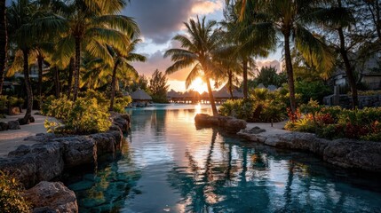 Tropical lagoon at sunset, palm trees, serene water