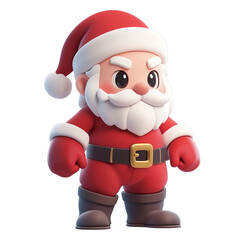 Traditional Santa character waving with one hand while holding a gift box in the other, on transparent png background. Ai generated