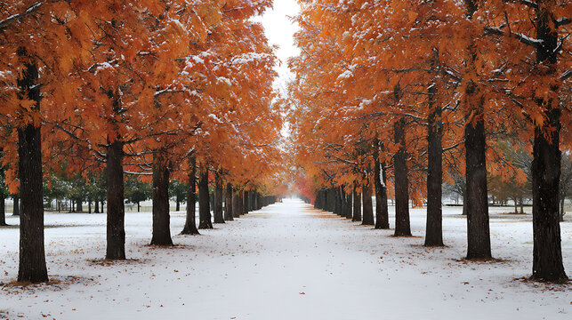 Autumn trees with orange foliage dusted with snow line a straight path image