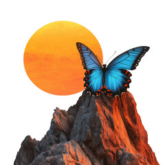Tropical blue butterfly mid-flight with bright sun and clear sky, isolated on white background, on transparent png background. Ai generated