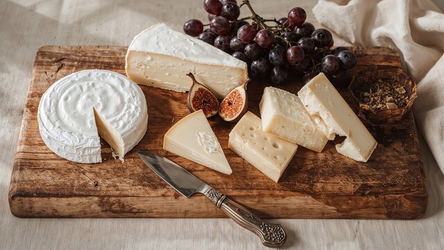 A rustic wooden board beautifully arranged with a variety of cheeses, showcasing different textures, flavors, and colors for a delicious and visually appealing gourmet presentation