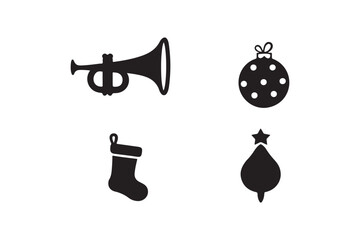 Four black christmas icons including trumpet ornament stocking and tree
